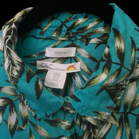 C & C CALIFORNIA Womens M 100% Linen Turquoise Button Up Shirt Tropical Leaves - Picture 4 of 8